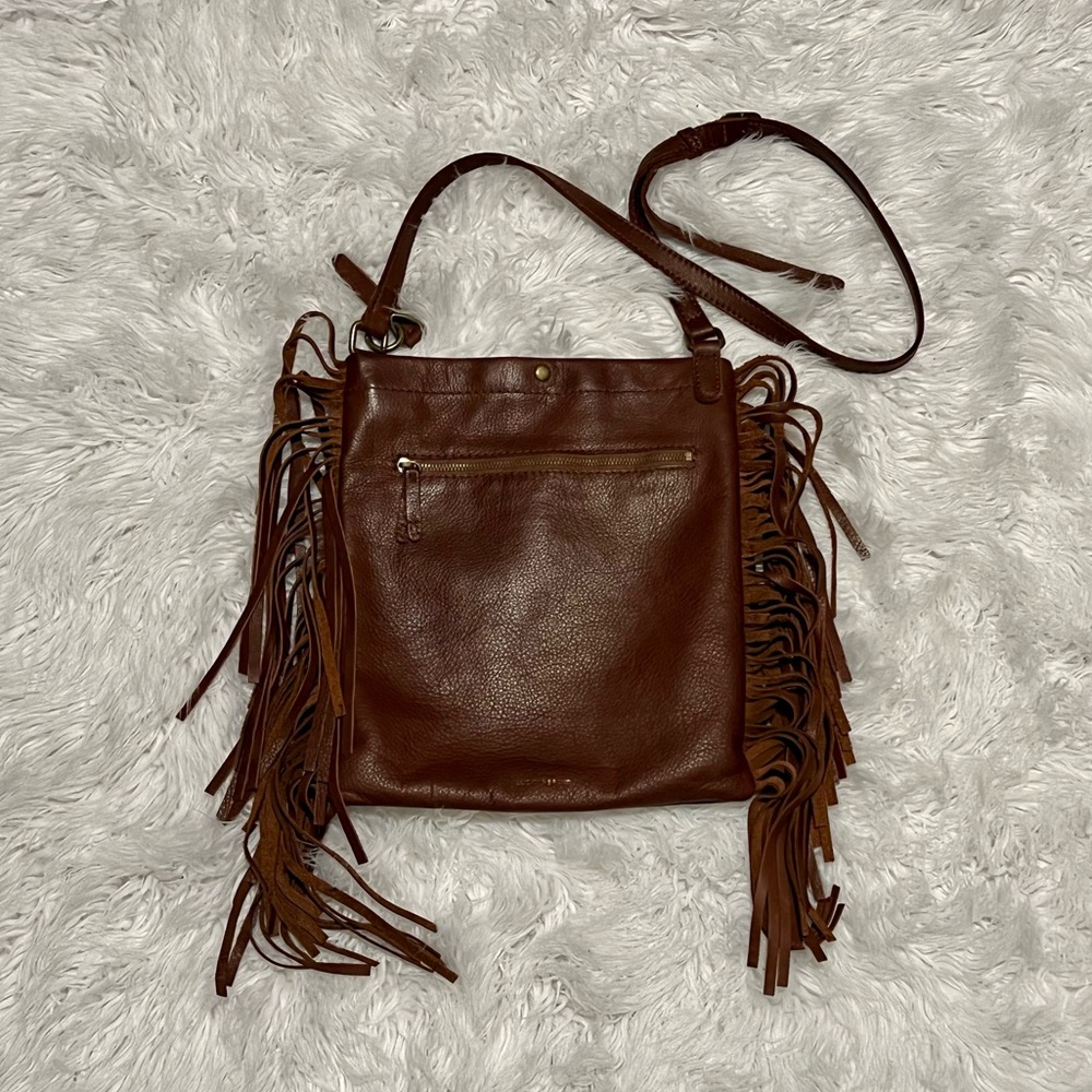 Lucky Brand Soft Brown Smooth Leather Retro Fringed Crossbody Bag with strap